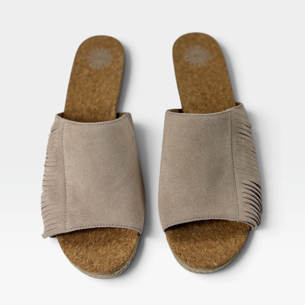UGG Danes Espadrille Wedge Slide Womens 10 Heathered Rock Suede Fringe New